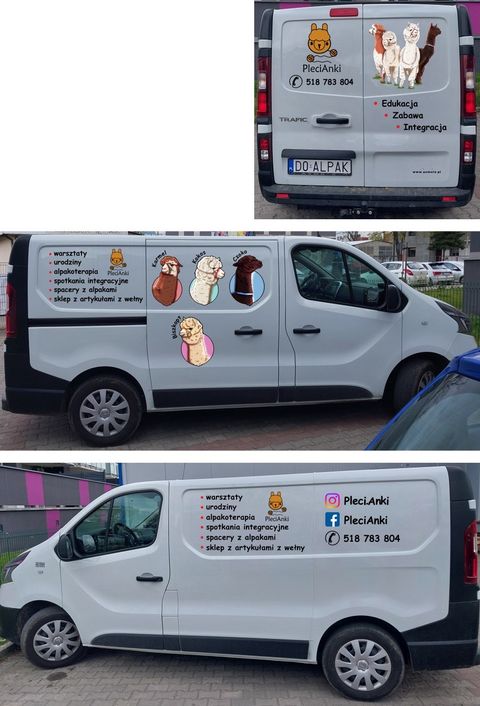 Samochód PleciAnki z ilustracjami alpak i informacjami o zajęciach z dojazdem, pokazany z trzech stron.