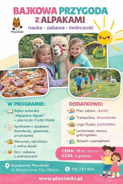 Przedszkolaki karmiące alpaki podczas Bajkowej Przygody w PleciAnkach. Dzieci uczestniczące w warsztatach z wełną alpaki na świeżym powietrzu.
