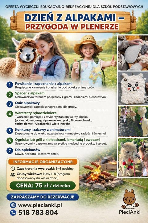 Dzieci na wycieczce szkolnej spacerujące z alpakami w Alpakarni PleciAnki. Grupa uczniów uczestnicząca w warsztatach kreatywnych w otoczeniu natury.