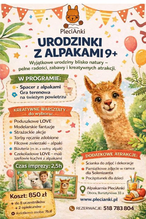Plakat „Urodzinki z alpakami 9+”: uśmiechnięta alpaka wśród liści, program, lista warsztatów do wyboru i cena. 2,5 godziny, 850 zł do 8 uczestników.