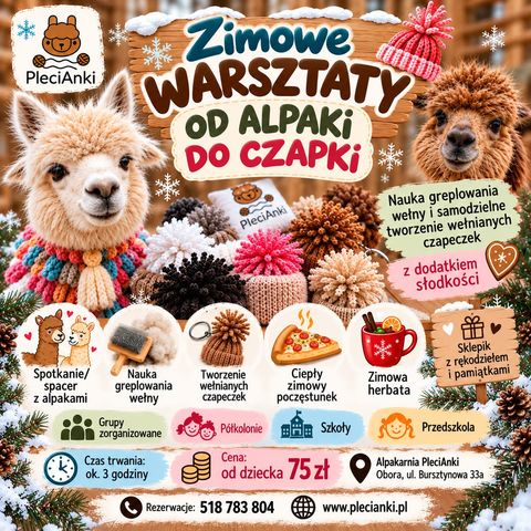Plakat zimowych warsztatów Od alpaki do czapki: alpaki, wełniane czapeczki z pomponami i program warsztatów. Około 3 godziny, 75 zł od dziecka.