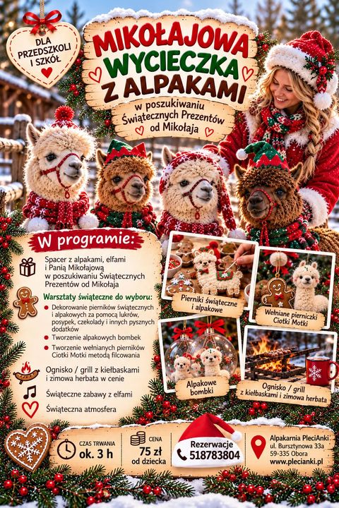 Plakat Mikołajowej Wycieczki z Alpakami: alpaki w świątecznych czapkach, program spaceru, warsztatów i ogniska. Około 3 godziny, 75 zł od dziecka.