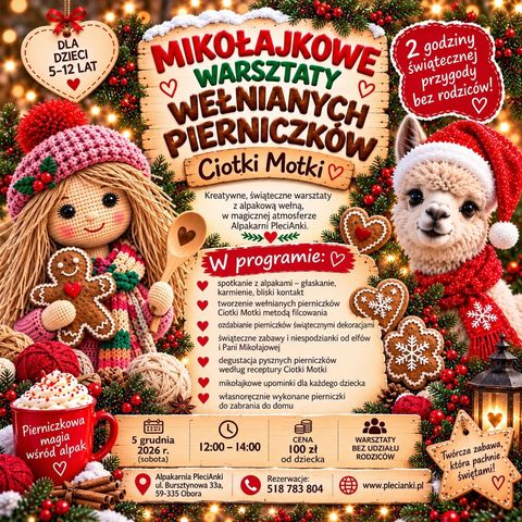 Plakat mikołajkowych warsztatów wełnianych pierniczków Ciotki Motki: szydełkowa lalka z piernikiem i alpaka w czapce Mikołaja. Sobota 5 grudnia 2026, 12:00–14:00, dla dzieci 5–12 lat, 100 zł od dziecka.