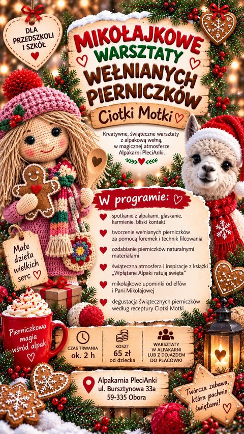 Plakat warsztatów Ciotki Motki: spotkanie z alpakami i filcowanie wełnianych pierniczków. Około 2 godziny, w alpakarni lub z dojazdem.